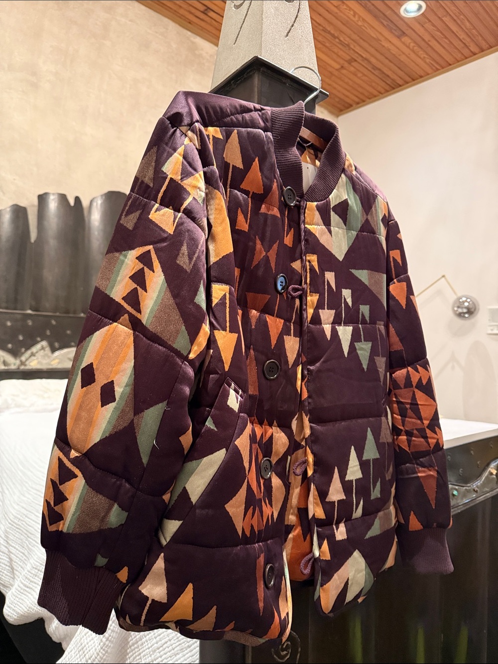 Plum Quilted Bomber Jacket with Geo Accent